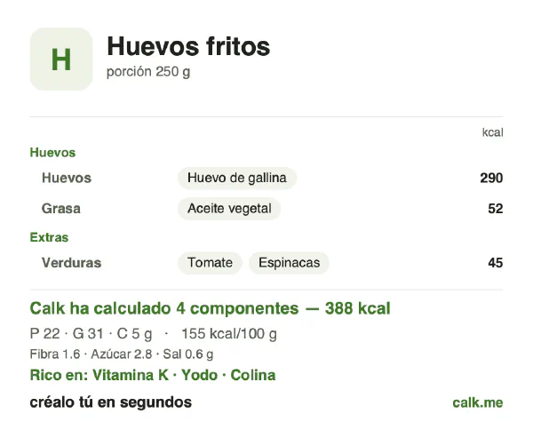 Ficha de Calk, versión menos calórica de Huevos fritos: 155 kcal por 100 g, proteínas/grasas/hidratos 23/72/5