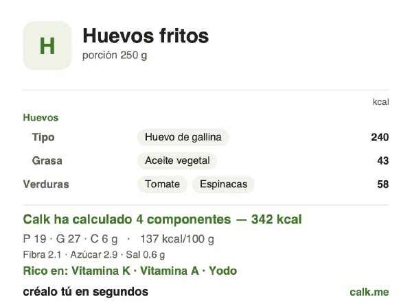 Ficha de Calk, versión menos calórica de Huevos fritos: 137 kcal por 100 g, proteínas/grasas/hidratos 22/71/7