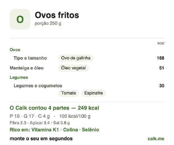 Cartão do Calk para a versão menos calórica de Ovos fritos: 100 kcal por 100 g, proteína/gordura/carboidratos 31/64/6