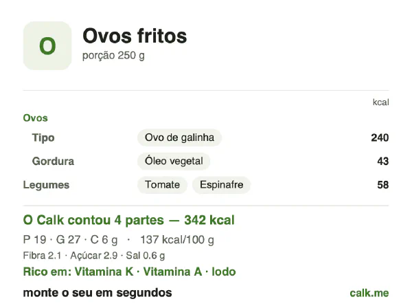 Cartão do Calk para a versão menos calórica de Ovos fritos: 137 kcal por 100 g, proteína/gordura/carboidratos 22/71/7