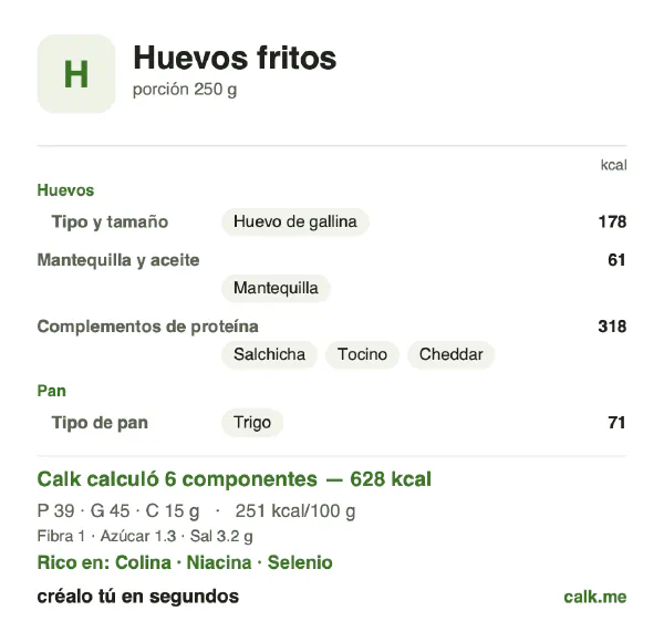 Tarjeta de Calk, versión más calórica de Huevos fritos: 251 kcal por 100 g, proteínas/grasas/carbohidratos 25/65/10