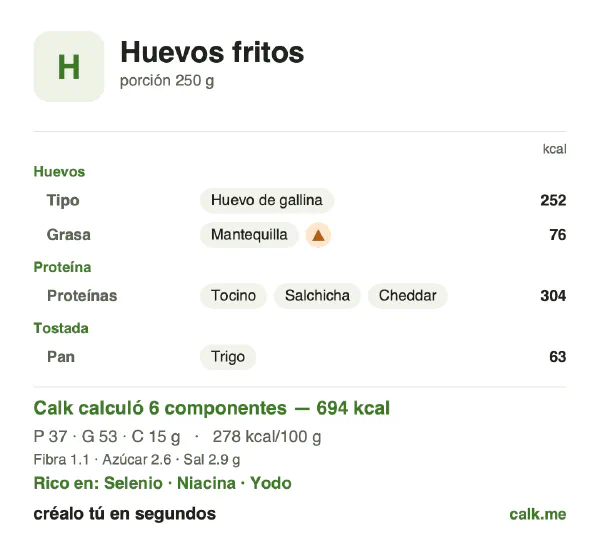 Tarjeta de Calk, versión más calórica de Huevos fritos: 278 kcal por 100 g, proteínas/grasas/carbohidratos 21/70/9
