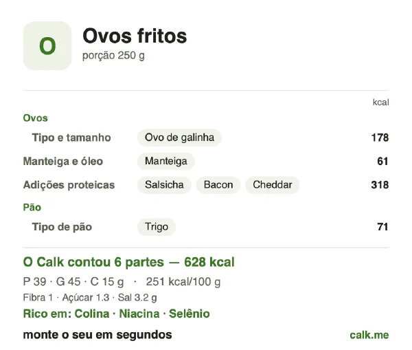 Cartão do Calk para a versão mais calórica de Ovos fritos: 251 kcal por 100 g, proteína/gordura/carboidratos 25/65/10