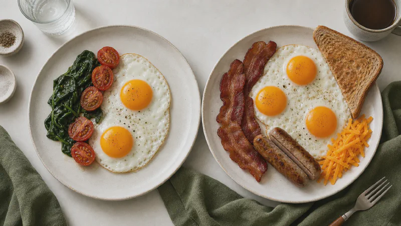 Fried eggs: lower- and higher-calorie Calk versions side by side