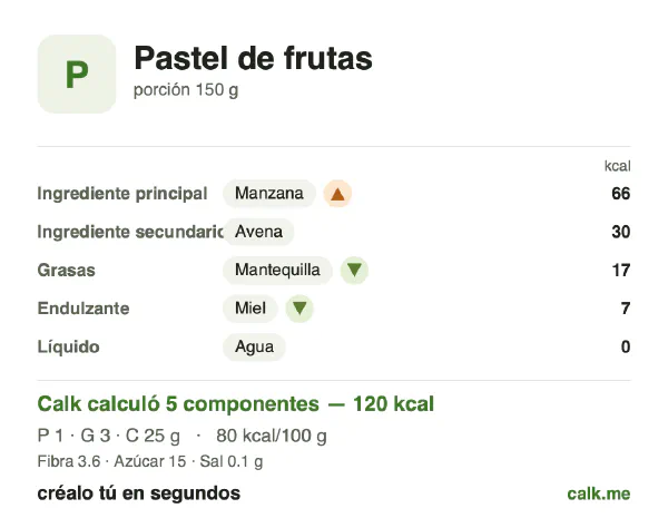 Tarjeta de Calk, versión menos calórica de Pastel de frutas: 80 kcal por 100 g, proteínas/grasas/carbohidratos 4/18/78