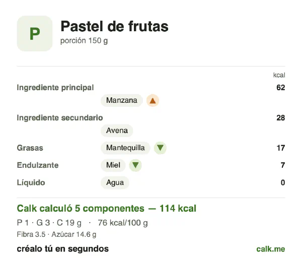 Tarjeta de Calk, versión menos calórica de Pastel de frutas: 76 kcal por 100 g, proteínas/grasas/carbohidratos 5/22/73