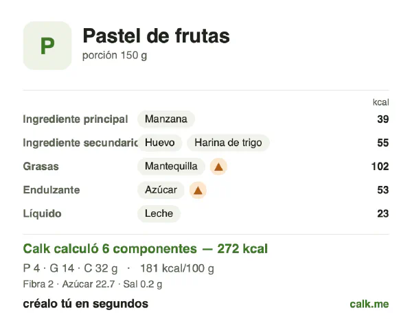 Tarjeta de Calk, versión más calórica de Pastel de frutas: 181 kcal por 100 g, proteínas/grasas/carbohidratos 6/47/47