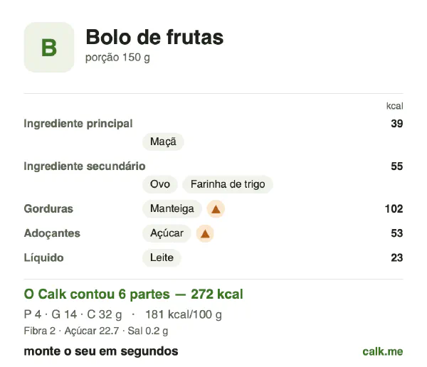 Cartão do Calk para a versão mais calórica de Bolo de frutas: 181 kcal por 100 g, proteína/gordura/carboidratos 6/47/47