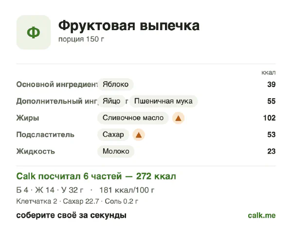 Карточка Calk, более калорийный вариант Фруктовая выпечка: 181 ккал на 100 г, белки/жиры/углеводы 6/47/47
