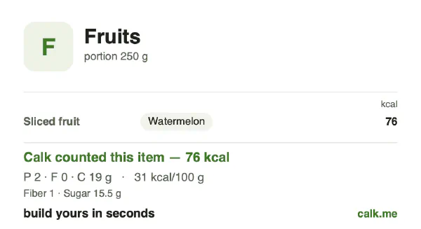 Lower calorie Calk card for Fruits: 31 kcal per 100 g, protein/fat/carbs 7/4/89