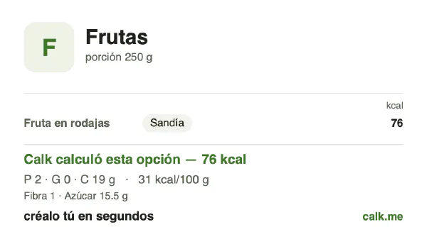 Tarjeta de Calk, versión menos calórica de Frutas: 31 kcal por 100 g, proteínas/grasas/carbohidratos 7/4/89