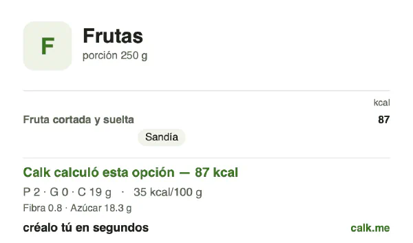 Tarjeta de Calk, versión menos calórica de Frutas: 35 kcal por 100 g, proteínas/grasas/carbohidratos 8/3/89