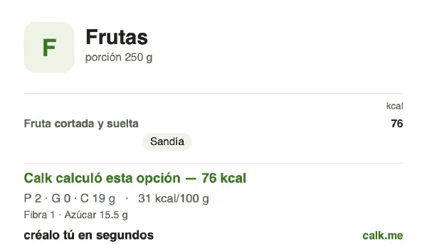 Tarjeta de Calk, versión menos calórica de Frutas: 31 kcal por 100 g, proteínas/grasas/carbohidratos 7/4/89