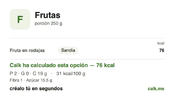 Ficha de Calk, versión menos calórica de Frutas: 31 kcal por 100 g, proteínas/grasas/hidratos 7/4/89