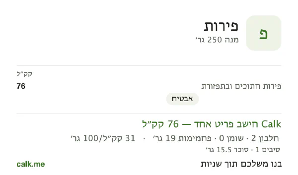 פירות ב־Calk, עם פחות קלוריות: 31 קק״ל ל־100 גרם, חלבון/שומן/פחמימות 7/4/89