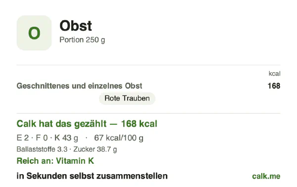 Calk-Karte für die kalorienreichere Variante von Obst: 67 kcal pro 100 g, Eiweiß/Fett/Kohlenhydrate 4/2/95