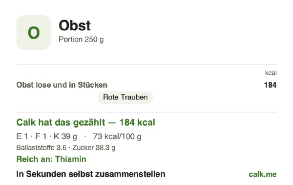 Calk-Karte für die kalorienreichere Variante von Obst: 73 kcal pro 100 g, Eiweiß/Fett/Kohlenhydrate 3/3/93