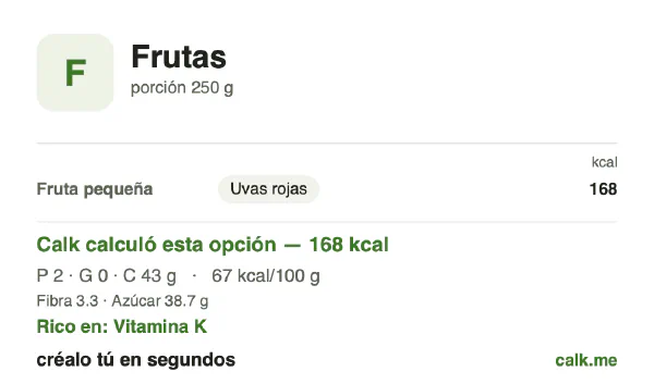 Tarjeta de Calk, versión más calórica de Frutas: 67 kcal por 100 g, proteínas/grasas/carbohidratos 4/2/95