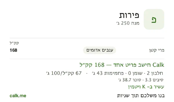 נתוני Calk לפירות, בגרסה עם יותר קלוריות: 67 קק״ל ל-100 גרם, חלבון/שומן/פחמימות 4/2/95