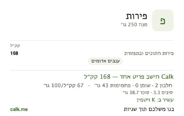 פירות ב־Calk, עם יותר קלוריות: 67 קק״ל ל־100 גרם, חלבון/שומן/פחמימות 4/2/95
