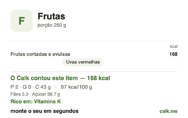 Cartão do Calk para a versão mais calórica de Frutas: 67 kcal por 100 g, proteína/gordura/carboidratos 4/2/95