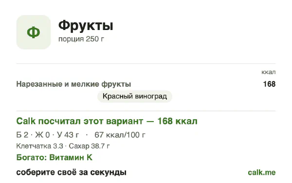 Карточка «Фрукты» в Calk — более калорийный вариант: 67 ккал на 100 г, белки/жиры/углеводы 4/2/95