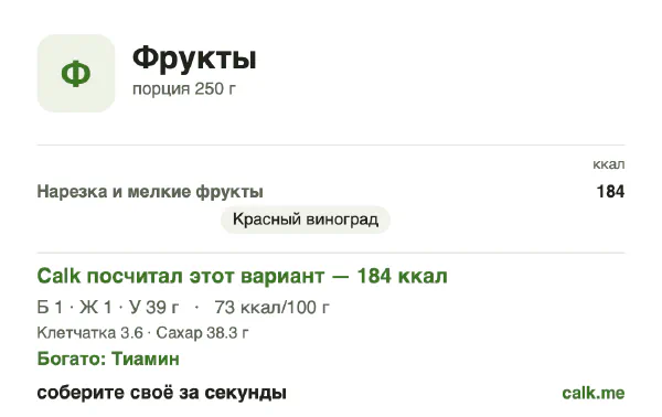 Карточка «Фрукты» в Calk — более калорийный вариант: 73 ккал на 100 г, белки/жиры/углеводы 3/3/93