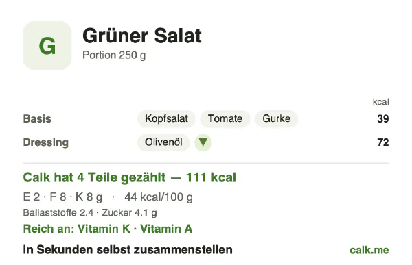 Calk-Karte für die kalorienärmere Variante von Grüner Salat: 44 kcal pro 100 g, Eiweiß/Fett/Kohlenhydrate 7/64/28