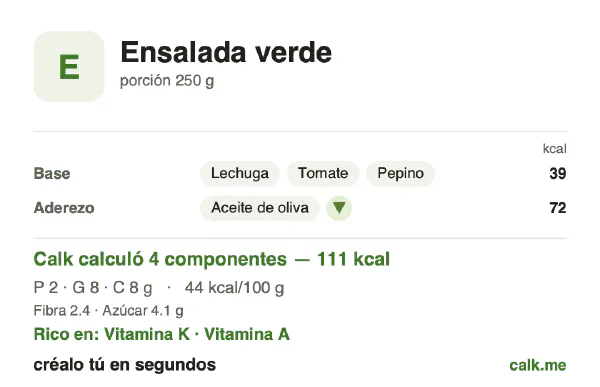 Tarjeta de Calk, versión menos calórica de Ensalada verde: 44 kcal por 100 g, proteínas/grasas/carbohidratos 7/64/28