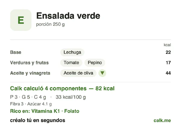 Tarjeta de Calk, versión menos calórica de Ensalada verde: 33 kcal por 100 g, proteínas/grasas/carbohidratos 13/63/24