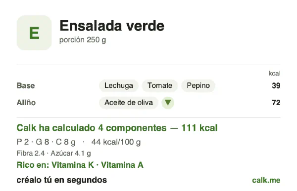 Ficha de Calk, versión menos calórica de Ensalada verde: 44 kcal por 100 g, proteínas/grasas/hidratos 7/64/28