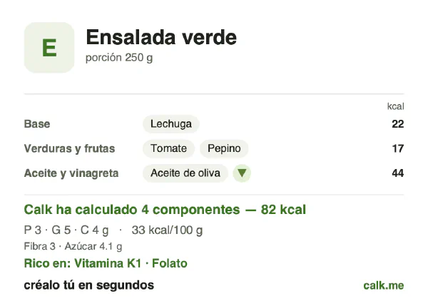 Ficha de Calk, versión menos calórica de Ensalada verde: 33 kcal por 100 g, proteínas/grasas/hidratos 13/63/24