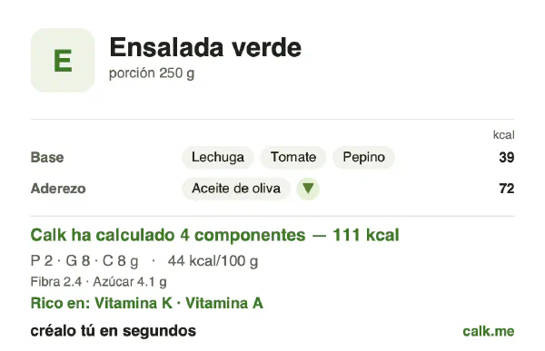 Ficha de Calk, versión menos calórica de Ensalada verde: 44 kcal por 100 g, proteínas/grasas/hidratos 7/64/28