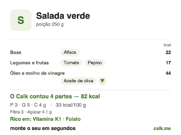 Cartão do Calk para a versão menos calórica de Salada verde: 33 kcal por 100 g, proteína/gordura/carboidratos 13/63/24