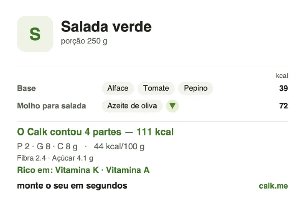 Cartão do Calk para a versão menos calórica de Salada verde: 44 kcal por 100 g, proteína/gordura/carboidratos 7/64/28