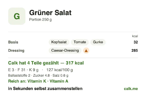 Calk-Karte für die kalorienreichere Variante von Grüner Salat: 127 kcal pro 100 g, Eiweiß/Fett/Kohlenhydrate 4/86/11