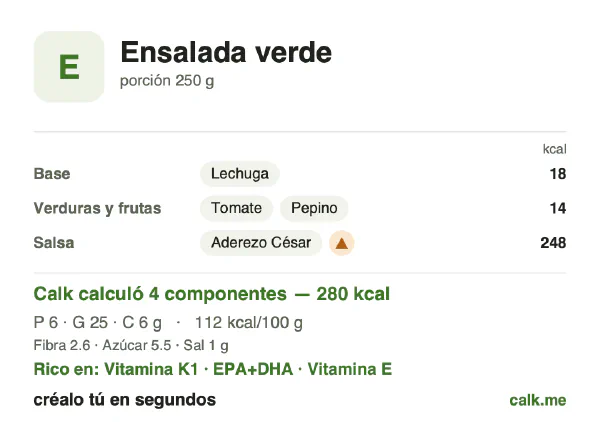 Tarjeta de Calk, versión más calórica de Ensalada verde: 112 kcal por 100 g, proteínas/grasas/carbohidratos 8/83/9