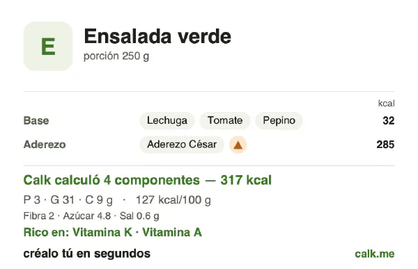 Tarjeta de Calk, versión más calórica de Ensalada verde: 127 kcal por 100 g, proteínas/grasas/carbohidratos 4/86/11