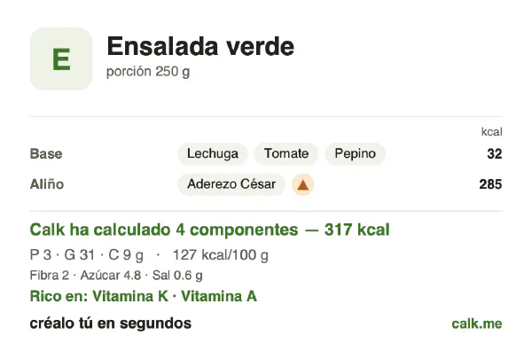 Ficha de Calk, versión más calórica de Ensalada verde: 127 kcal por 100 g, proteínas/grasas/hidratos 4/86/11
