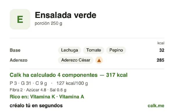 Ficha de Calk, versión más calórica de Ensalada verde: 127 kcal por 100 g, proteínas/grasas/hidratos 4/86/11