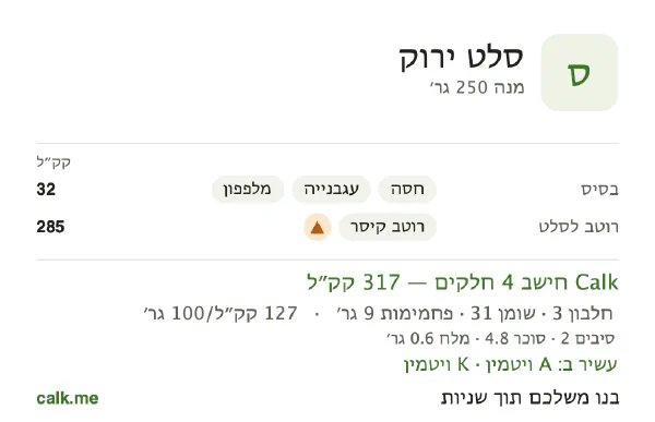 סלט ירוק ב־Calk, עם יותר קלוריות: 127 קק״ל ל־100 גרם, חלבון/שומן/פחמימות 4/86/11