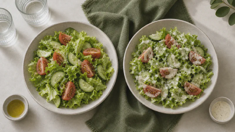 Garden salad: lower- and higher-calorie Calk versions side by side