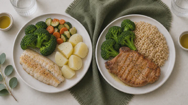 Harvard plate: lower- and higher-calorie Calk versions side by side