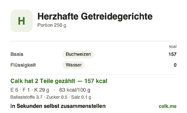 Calk-Karte für die kalorienärmere Variante von Sättigender Porridge: 63 kcal pro 100 g, Eiweiß/Fett/Kohlenhydrate 16/6/78