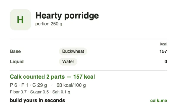 Lower calorie Calk card for Hearty porridge: 63 kcal per 100 g, protein/fat/carbs 16/6/78