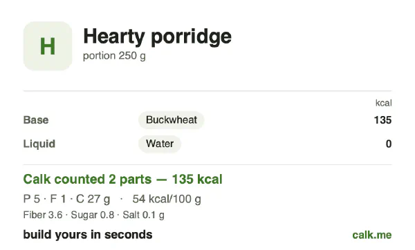 Lower calorie Calk card for Hearty porridge: 54 kcal per 100 g, protein/fat/carbs 14/6/80
