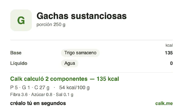 Tarjeta de Calk, versión menos calórica de Porridge completo: 54 kcal por 100 g, proteínas/grasas/carbohidratos 14/6/80