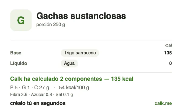 Ficha de Calk, versión menos calórica de Gachas completas: 54 kcal por 100 g, proteínas/grasas/hidratos 14/6/80