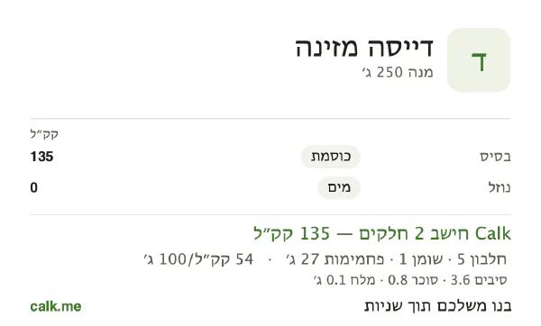 נתוני Calk לדייסה מזינה, בגרסה עם פחות קלוריות: 54 קק״ל ל-100 גרם, חלבון/שומן/פחמימות 14/6/80