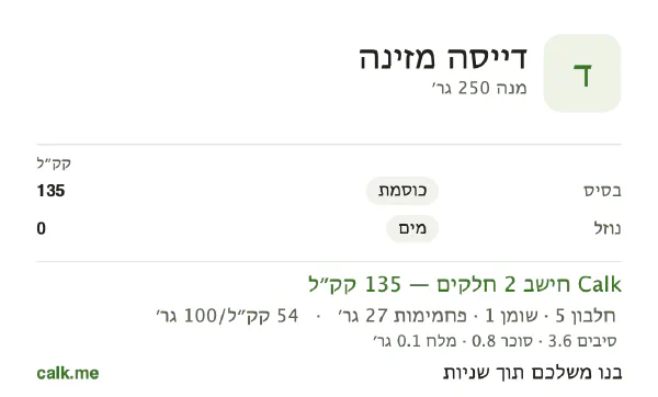 דייסה מזינה ב־Calk, עם פחות קלוריות: 54 קק״ל ל־100 גרם, חלבון/שומן/פחמימות 14/6/80
